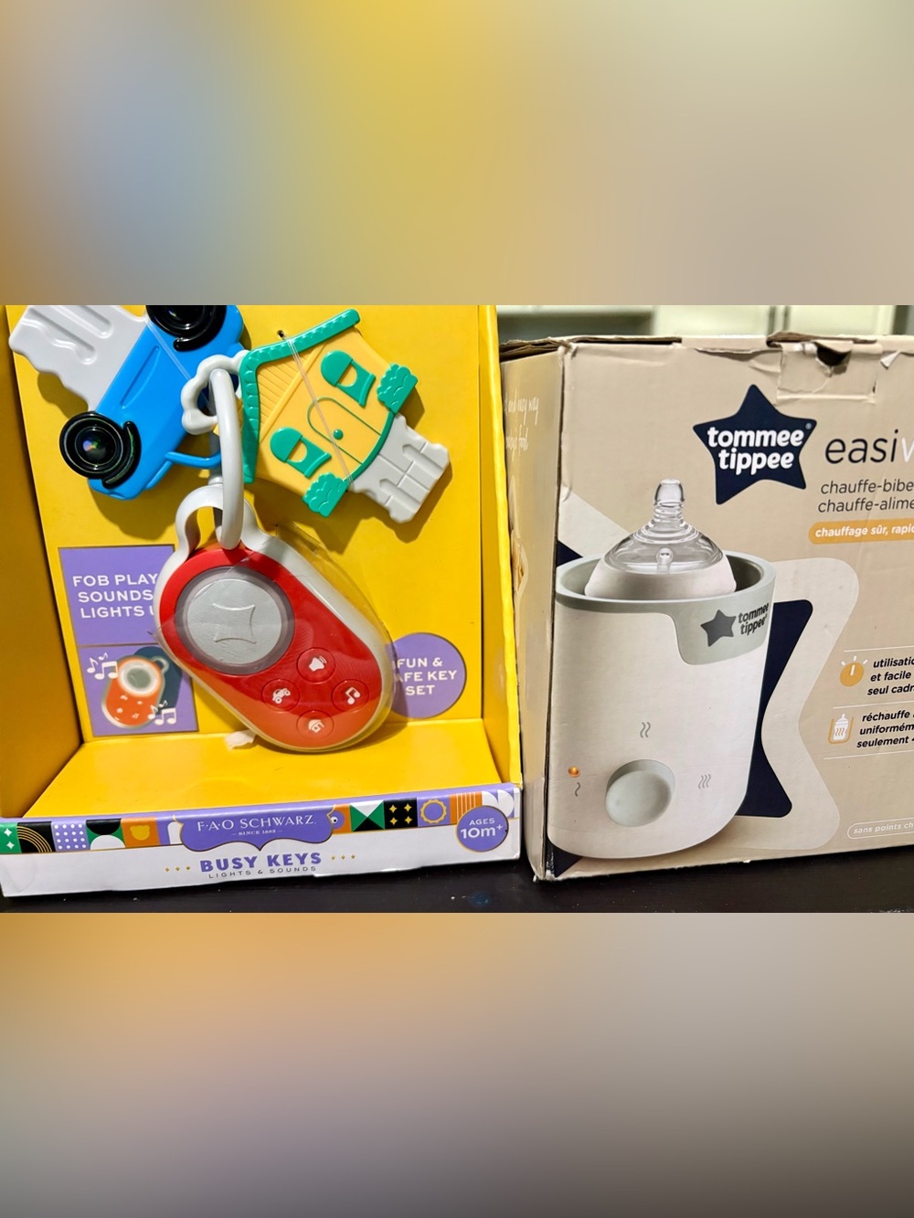FAO Schwarz Busy Interactive Key Toy & Tommy Tippee bottle warmer set